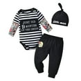 thumbnail image 1 of Newborn Infant Baby Boy Clothes Long Sleeve Stripe Letter Print Romper Pants and Hat Outfits Set Black 6-9 Months, 1 of 6