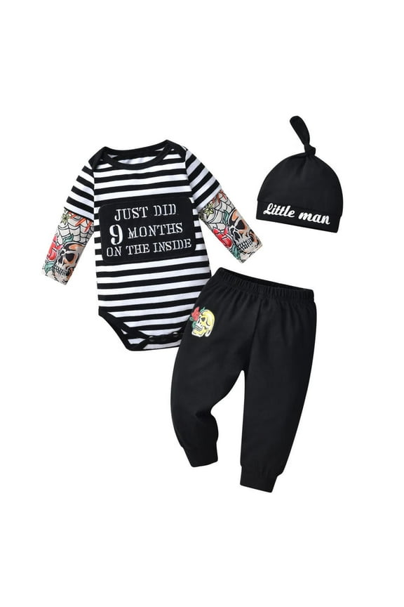 Newborn Infant Baby Boy Clothes Long Sleeve Stripe Letter Print Romper Pants and Hat Outfits Set Black