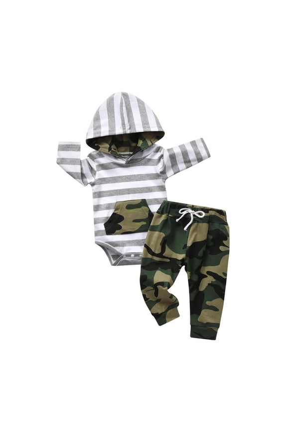Newborn Infant Baby Boy Clothes Long Sleeve Stripe Romper Hooded Camouflage Pants Outfits Set Green 0-3 Months