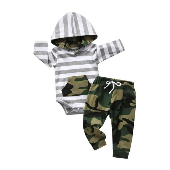 Newborn Infant Baby Boy Clothes Long Sleeve Stripe Romper Hooded Camouflage Pants Outfits Set Green 6-9 Months