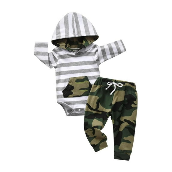 Newborn Infant Baby Boy Clothes Long Sleeve Stripe Romper Hooded Camouflage Pants Outfits Set Green 9-12 Months