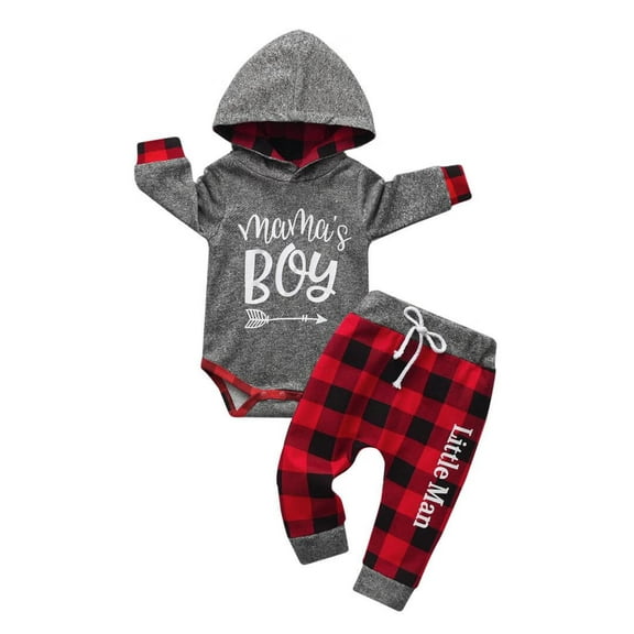 Newborn Infant Baby Boy Clothes Long Sleeve Stripe Romper Hooded Grid Pants Outfits Set Red 6-9 Months