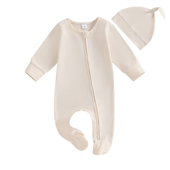 Newborn Infant Baby Boy Girl Jumpsuit 3M 6M Soft Long Sleeve Zipper Romper + Hat Fall Spring Baby Outfits Clothing