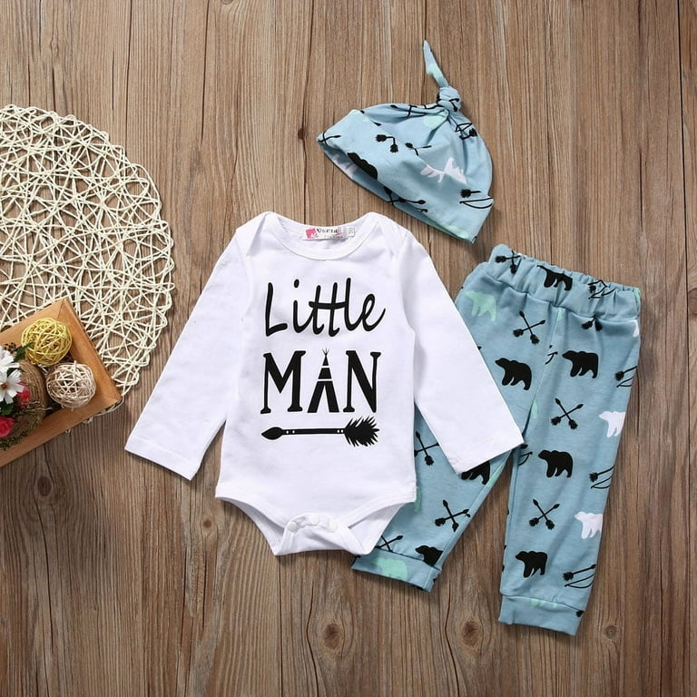 Newborn Infant Baby Boy Girl Long Sleeve Letter Tops+Pants+Hat 3PCS Outfits  Set Clothes