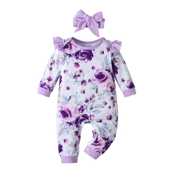 Newborn Infant Baby Boy Girl Long Sleeve Romper Clothes Floral Printed One Piece Jumpsuit with Headband Outfits (Newborn, Purple)