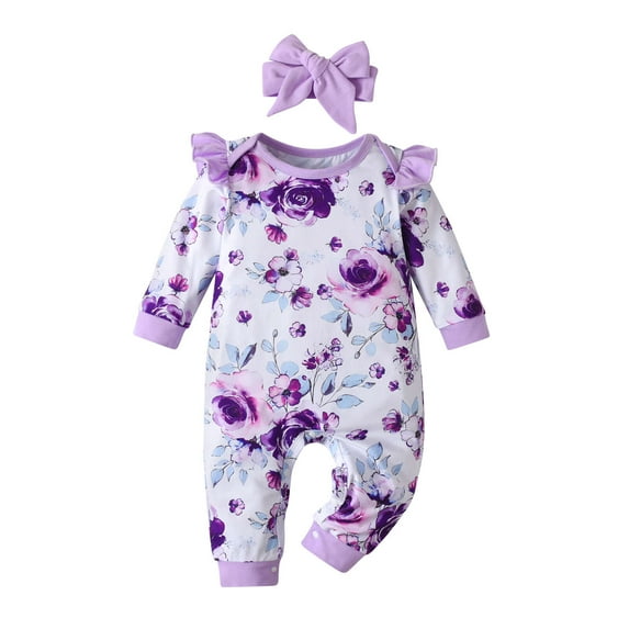 Newborn Infant Baby Boy Girl Long Sleeve Romper Clothes Floral Printed One Piece Jumpsuit with Headband Outfits (Newborn, Purple)