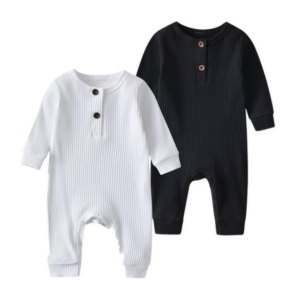 Newborn Infant Baby Boy Girl Solid Romper Long Sleeve One Piece Jumpsuits Clothes Sets Black & White 6-9 Months