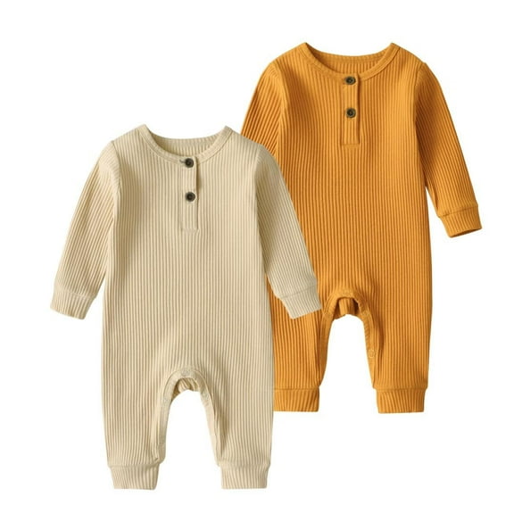 Newborn Infant Baby Boy Girl Solid Romper Long SleeveOne Piece Jumpsuits Clothes Sets Yellow & Apricot 9-12 Months