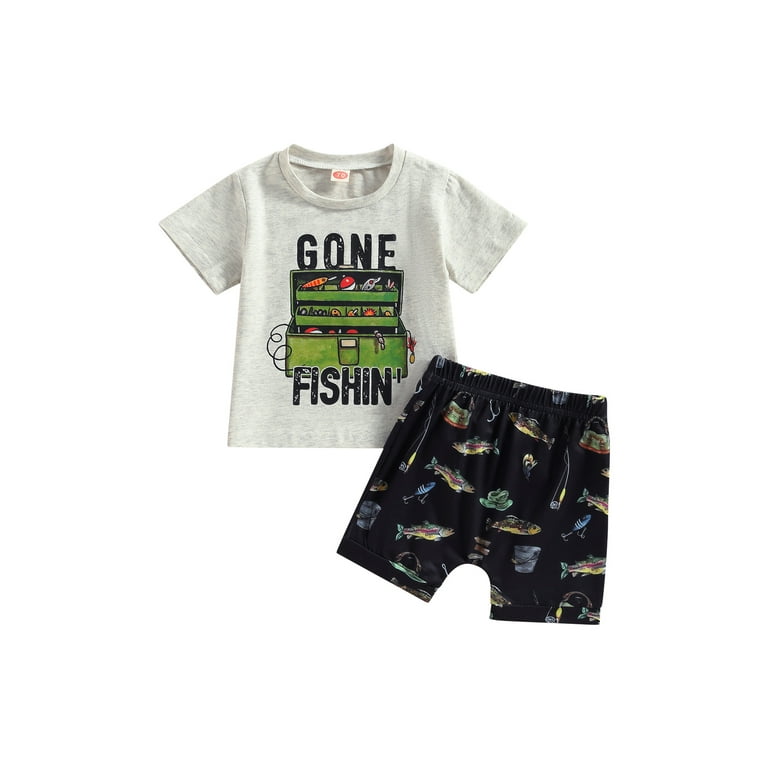 Newborn Infant Baby Boy Girl Summer Clothes Short Sleeve Letter T-Shirt  Elastic Waist Shorts Sets Fishing Outfit 2Pcs