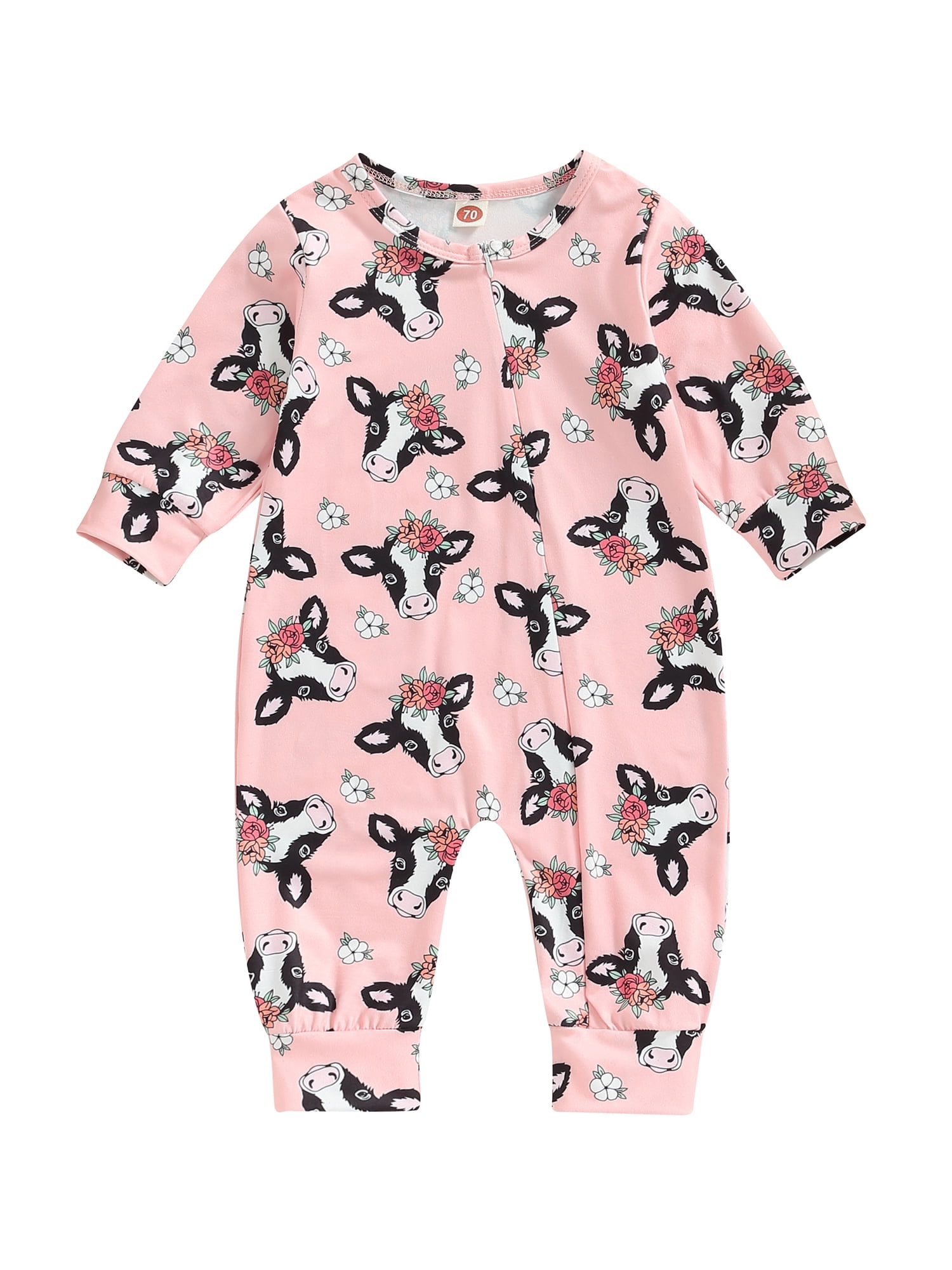 Newborn Infant Baby Boy Girl Zip Up Onesie Romper Cow Print Long Sleeve