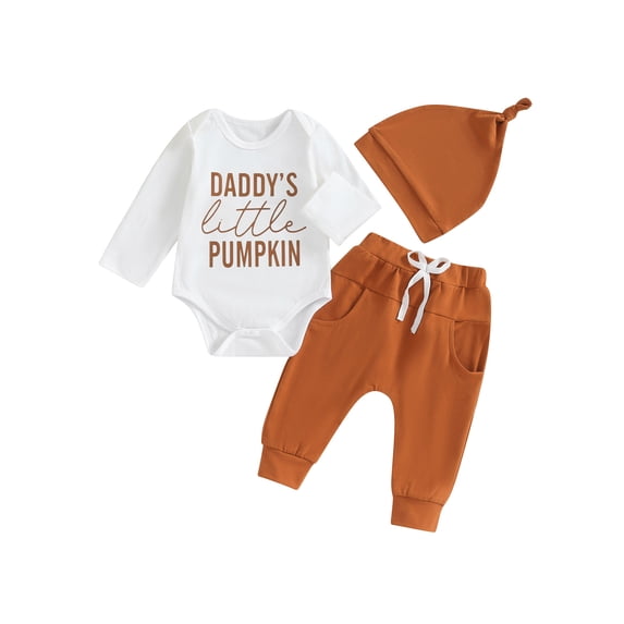 Newborn Infant Baby Boy My First Halloween Outfit Pumpkin Long Sleeve Romper Pants Hat Fall Halloween 3Pcs Clothes Set