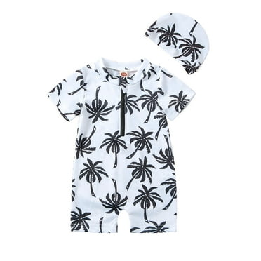 Newborn Infant Baby Boy Swimsuit with Hat 0-18Months Cartoon Tree Print Short Sleeve Round Neck Half Zipper Jumpsuit Bathing Suit