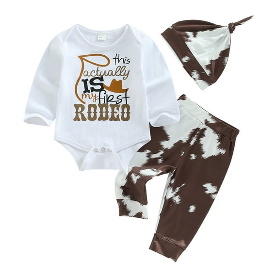 Newborn Infant Baby Boys Clothes 3M 6M 12M 18M Western Cowboy Letters Print Long Sleeve Bodysuit Pants Hat 3PCS Outfit Set