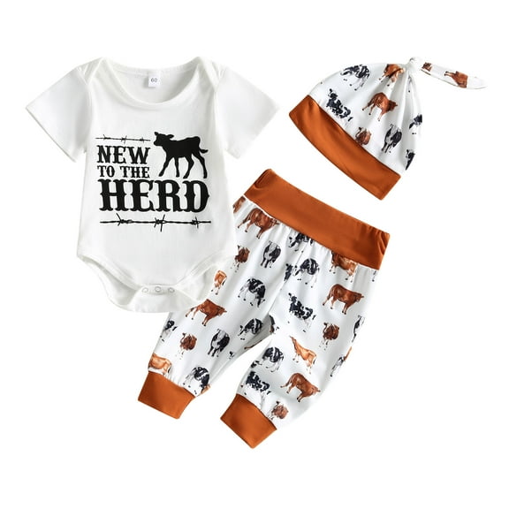 Newborn Infant Baby Boys Clothes 3M 6M 12M 18M Western Cowboy Letters Print Long Sleeve Bodysuit Pants Hat 3PCS Outfit Set
