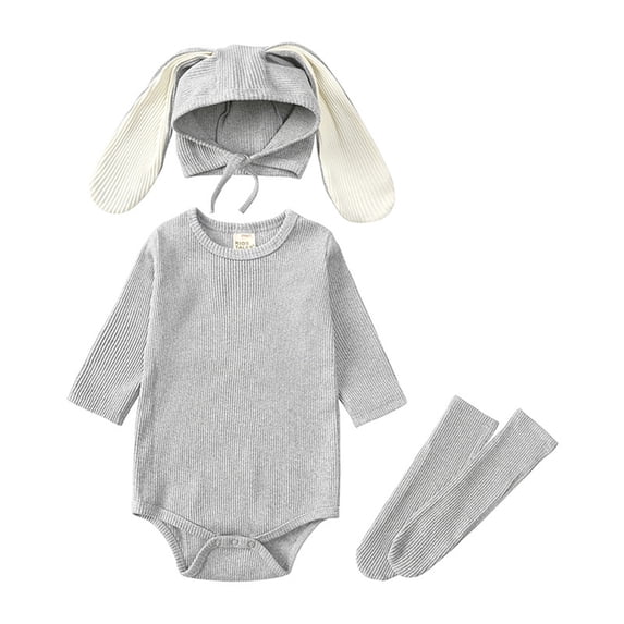 Baby Boys Girls Easter Outfits Bunny Outfits Bodysuit Romper with Ribbed Ear Hat Sock Clothes Gift 3pc Set Grey 0 M-3 M