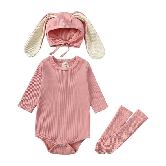 Newborn Infant Baby Boys Girls Easter Outfits Bunny Outfits Bodysuit Romper with Ribbed Ear Hat Sock Clothes Gift 3pc Set Pink 12 M-18 M