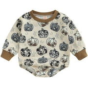 LOUATUI Newborn Infant Baby Boys Romper Long Sleeve Crew Neck Pumpkin Print Fall Bodysuit Halloween Clothes