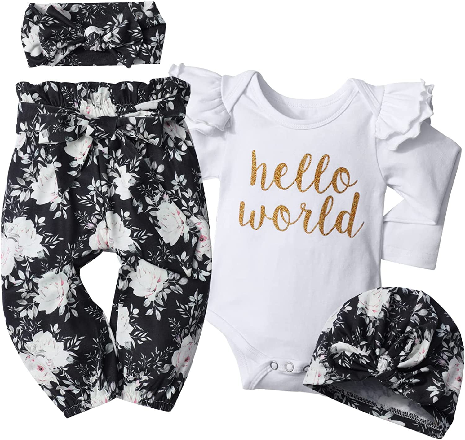 Newborn Infant Baby Girl 4PCS Clothes Romper Pants Set Floral Autumn Outfits Cute Baby Clothes Girl 0-3 Months