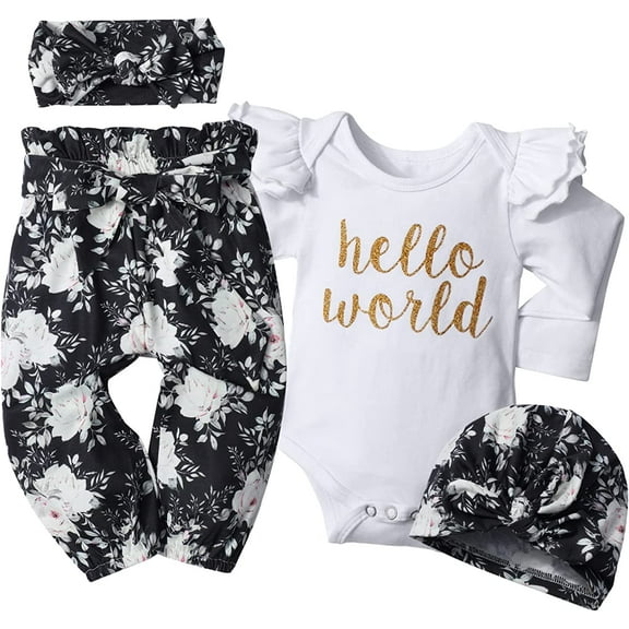 Newborn Infant Baby Girl 4PCS Clothes Romper Pants Set Floral Autumn Outfits Cute Baby Clothes Girl 0-3 Months