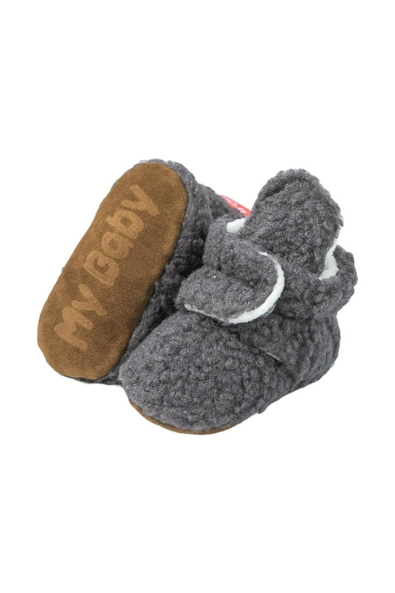 Newborn Infant Baby Girl Boy Cotton Booties Stay On Sock Slippers Soft Bedroom Shoes Non-Skid Ankle Boots With Grippers Toddler Crib Warm Shoe First Walker Birthday Shower Dark Gray 12-18 Months