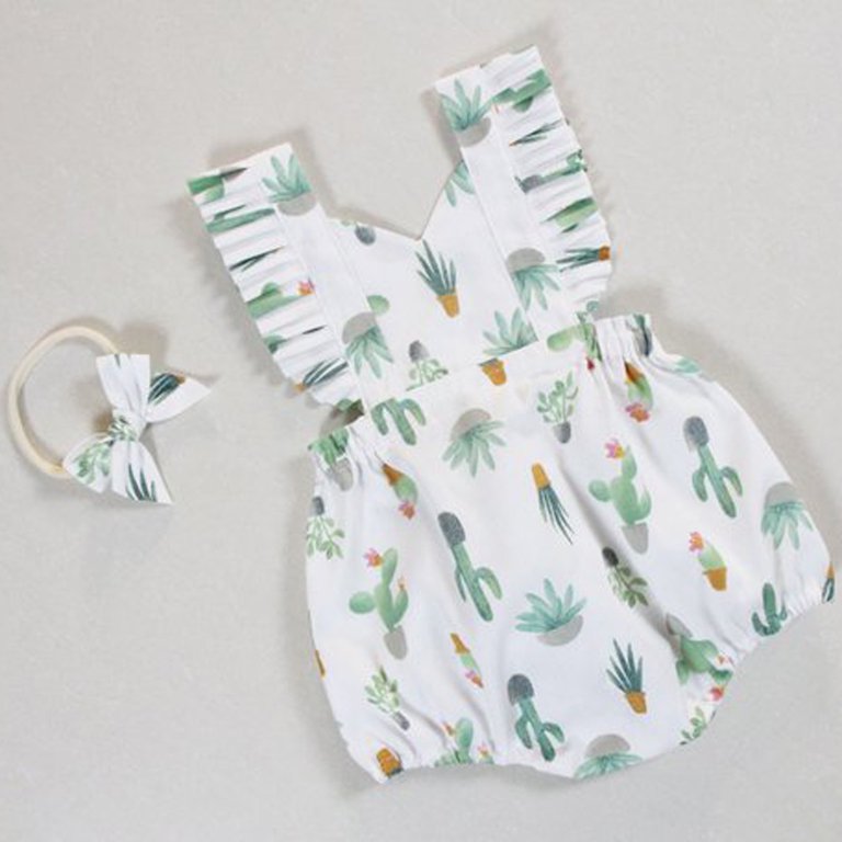 Newborn Infant Baby Girl Cactus Romper Jumpsuit Bodysuit Headband
