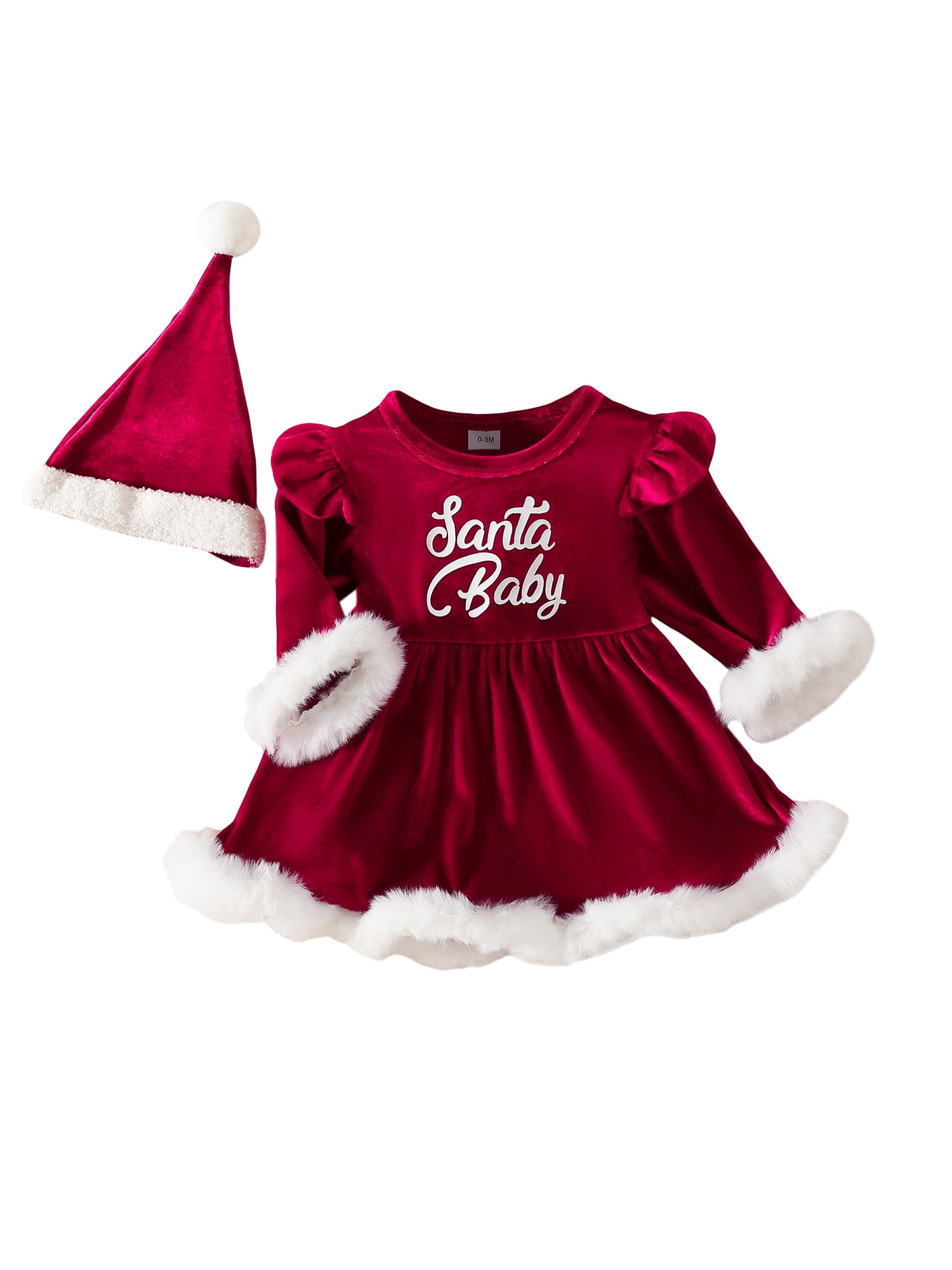 Newborn Infant Baby Girl Christmas Santa Dress Outfit Red Velvet Romper Dress with Santa Hat