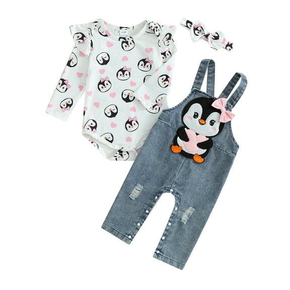 Newborn Infant Baby Girl Clothes 3M 6M 9M 12M 18M Penguin Print Long Sleeve Romper with Denim Overall Pants Headband 3 Pcs Autumn Outfits