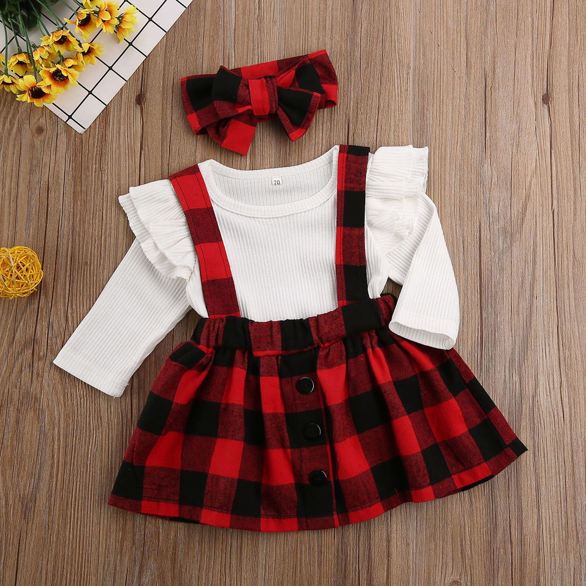 Newborn Infant Baby Girl Clothes Knitted Tops Romper Plaids Bib Skirt