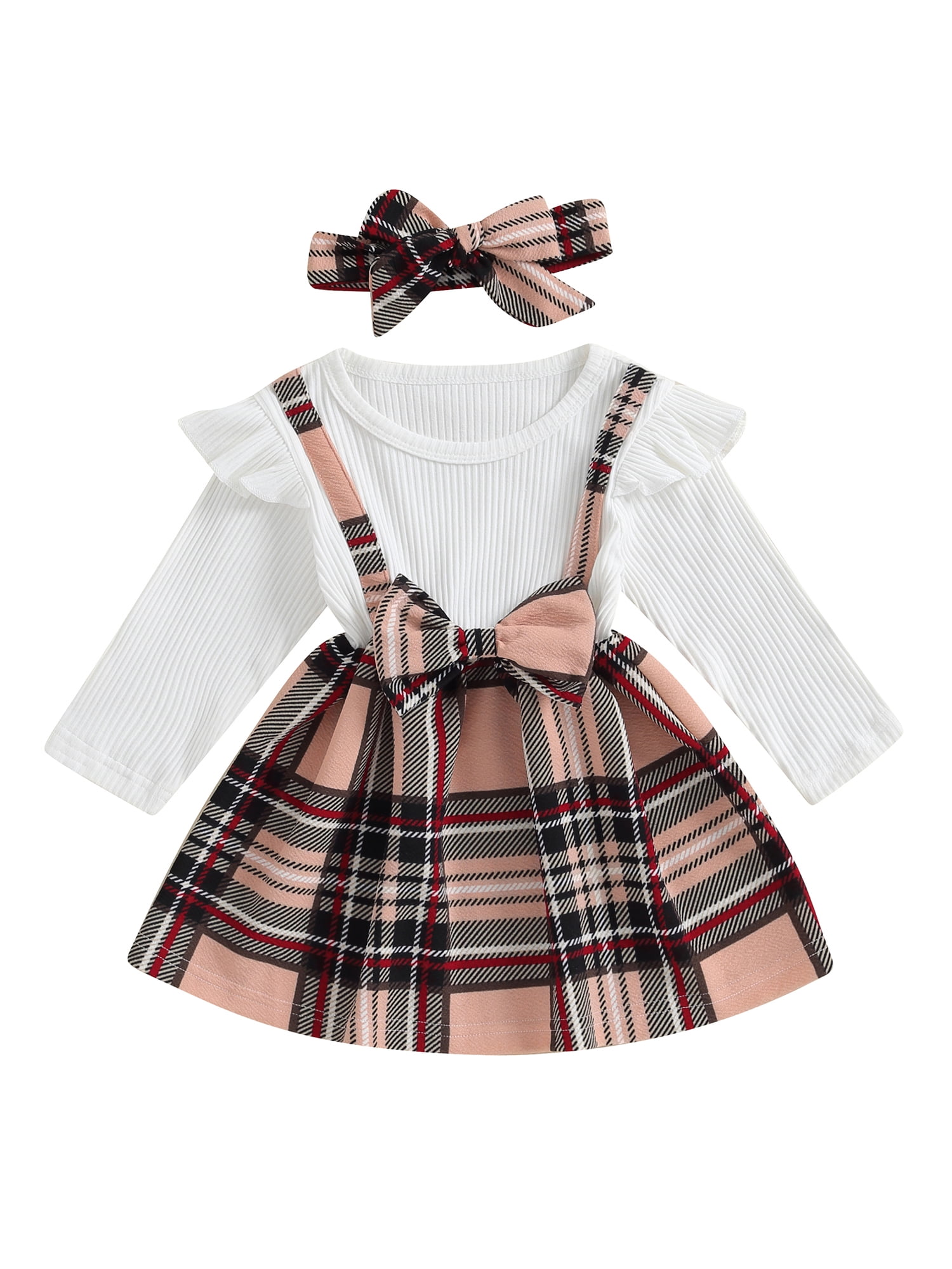 Newborn Infant Baby Girl Clothes Knitted Tops Romper Plaids Bib Skirt