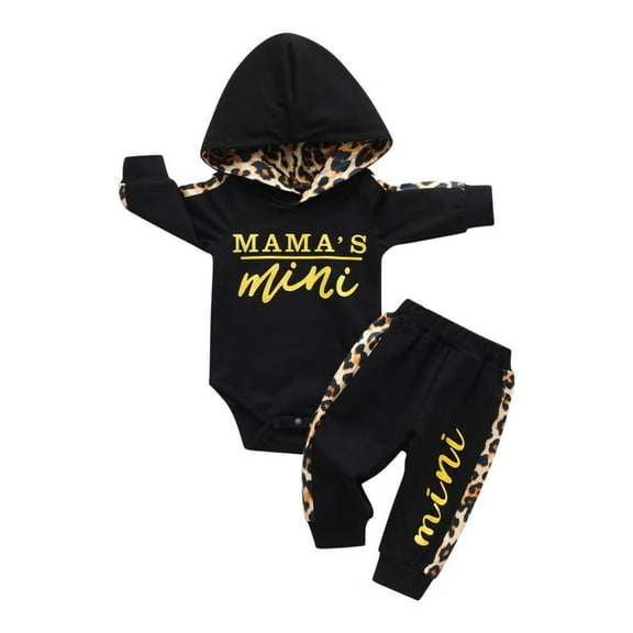 Newborn Infant Baby Girl Clothes Long Sleeve Letter Romper Hooded Pants Outfits Set Black 0-3 Months