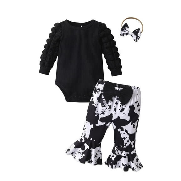 Newborn Infant Baby Girl Clothes Long Sleeve Romper Print Pants and Headband Outfits Set Black 0-3 Months