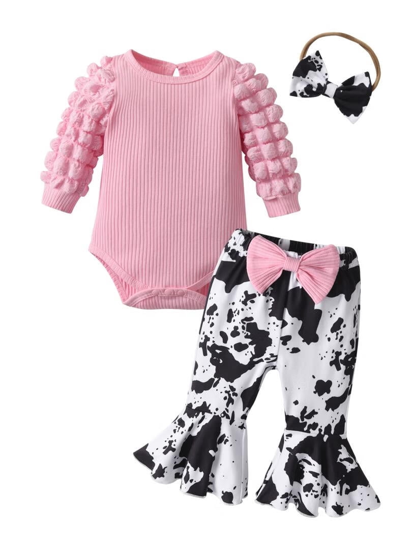 Newborn Infant Baby Girl Clothes Long Sleeve Romper Print Pants and Headband Outfits Set Pink 6-9 Months