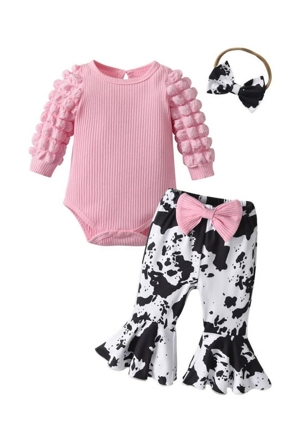 Newborn Infant Baby Girl Clothes Long Sleeve Romper Print Pants and Headband Outfits Set Pink 6-9 Months