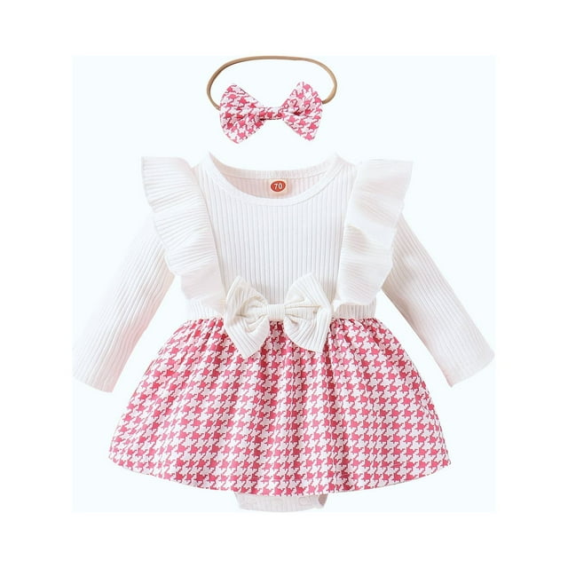 Newborn Infant Baby Girl Knitted Rib Plaid Ruffled Bodysuit Houndstooth