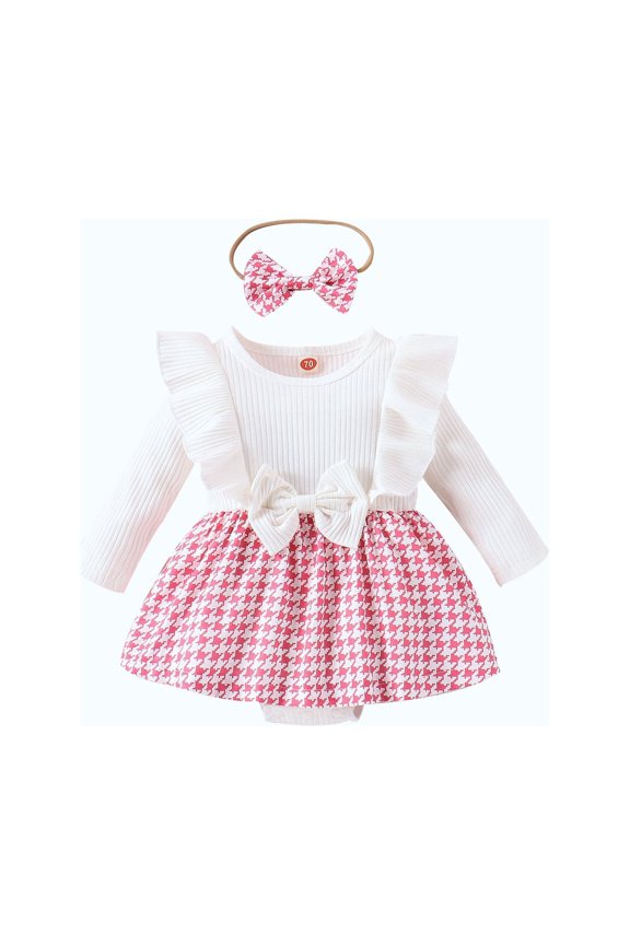 Newborn Infant Baby Girl Knitted Rib Plaid Ruffled Bodysuit Houndstooth Dress Romper with Headband 0-18M