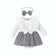 thumbnail image 1 of Newborn Infant Baby Girl Knitted Rib Plaid Ruffled Bodysuit Houndstooth Dress Romper with Headband 0-18M, 1 of 5