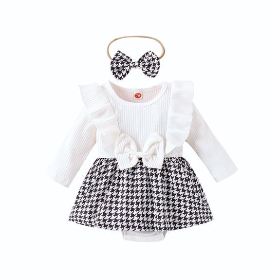 Newborn Infant Baby Girl Knitted Rib Plaid Ruffled Bodysuit Houndstooth Dress Romper with Headband 0-18M