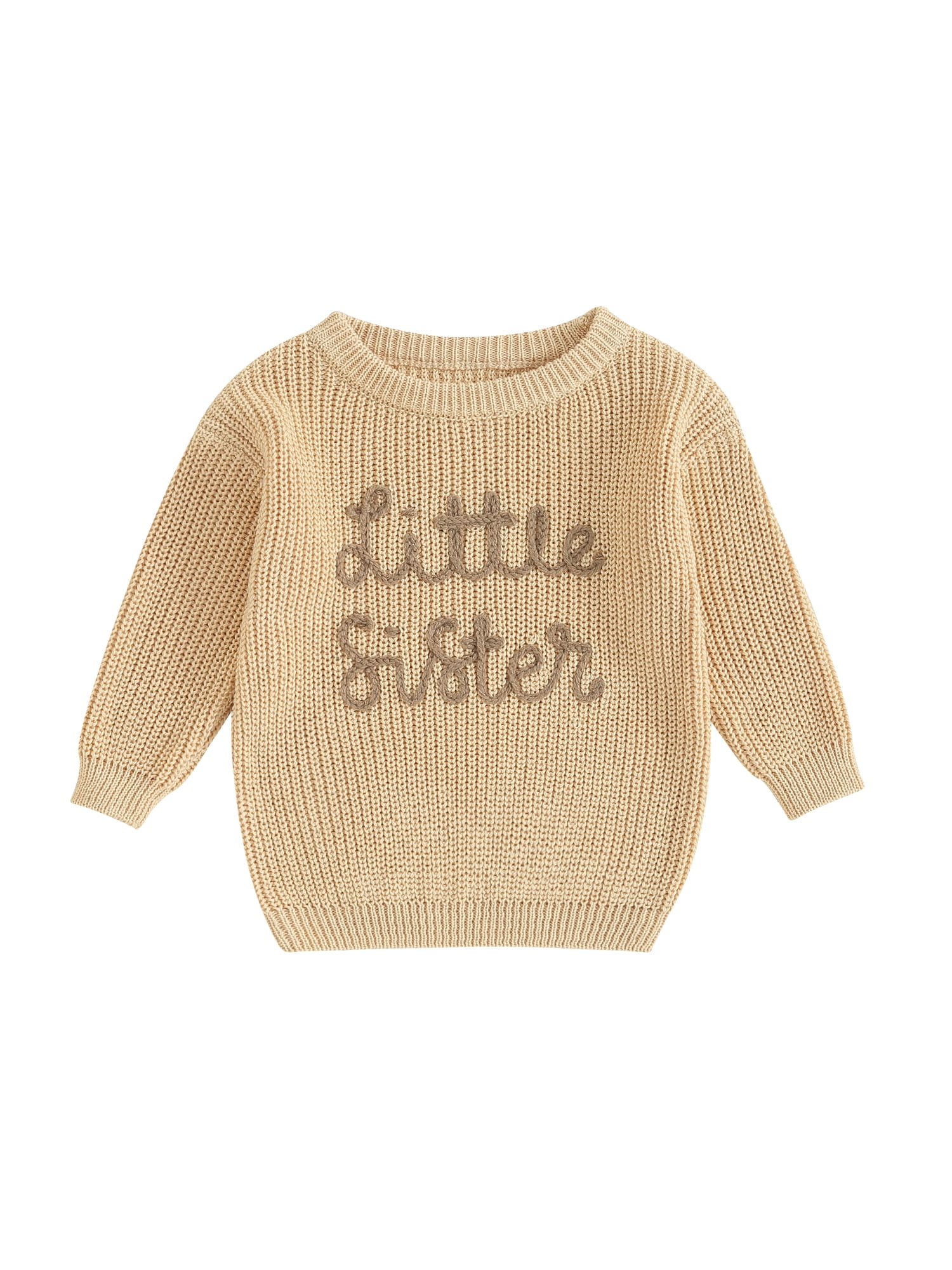 Baby Girl 'Little Sister' Knit Sweater - Oversized Chunky Pullover With Colorful Embroidery