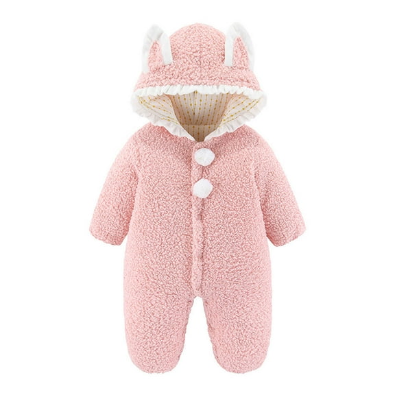 Newborn Infant Baby Girl Winter Clothes Baby Fleece Footie Snowsuit Winter Onesie Cartoon Warm Hooded Outfits for Girls Boys Pink 6-9Months