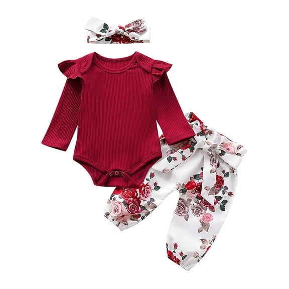 Newborn Infant Baby Girl outfits Floral Pants Long Sleeve Cotton Ribbed Bodysuit Romper 3PCS Clothes Set