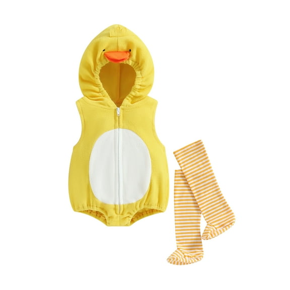 Newborn Infant Baby Girls Casual Hooded Romper 6M 12M 18M 24M Sleeveless Zip Up Animal Chick Romper Jumpsuit with Striped Socks