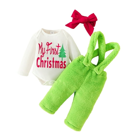 Newborn Infant Baby Girls My First Christmas Romper Tops+Green Furry Suspender Pants+Headband Outfits