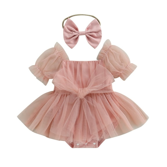 Newborn Infant Baby Girls Romper Dress 6M 12M 18M 24M Short Sleeve Bow Tulle Jumpsuits Summer Bodysuits with Headband Toddler Clothing