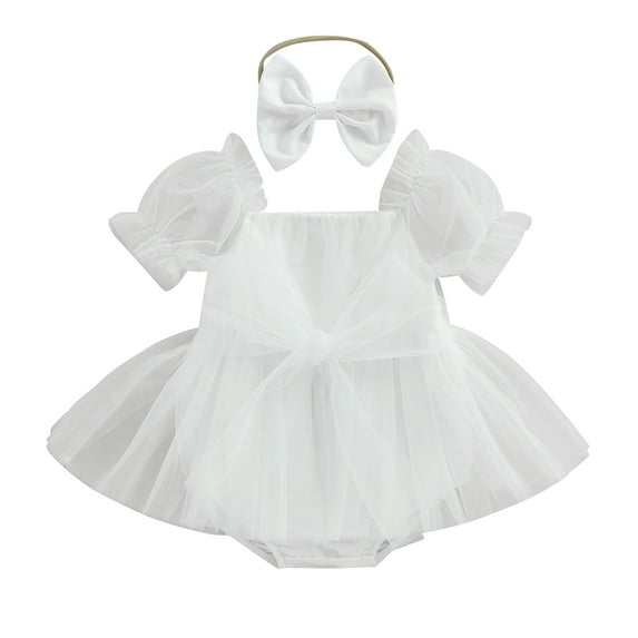 Newborn Infant Baby Girls Romper Dress 6M 12M 18M 24M Short Sleeve Bow Tulle Jumpsuits Summer Bodysuits with Headband Toddler Clothing
