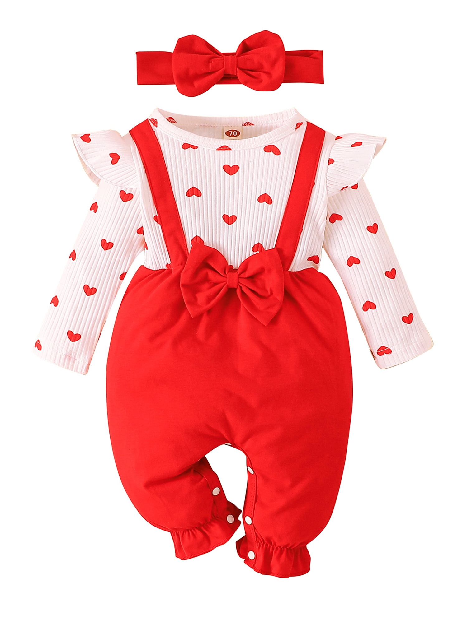 Newborn Infant Baby Girls Romper Heart Print Ribbed Long Sleeve