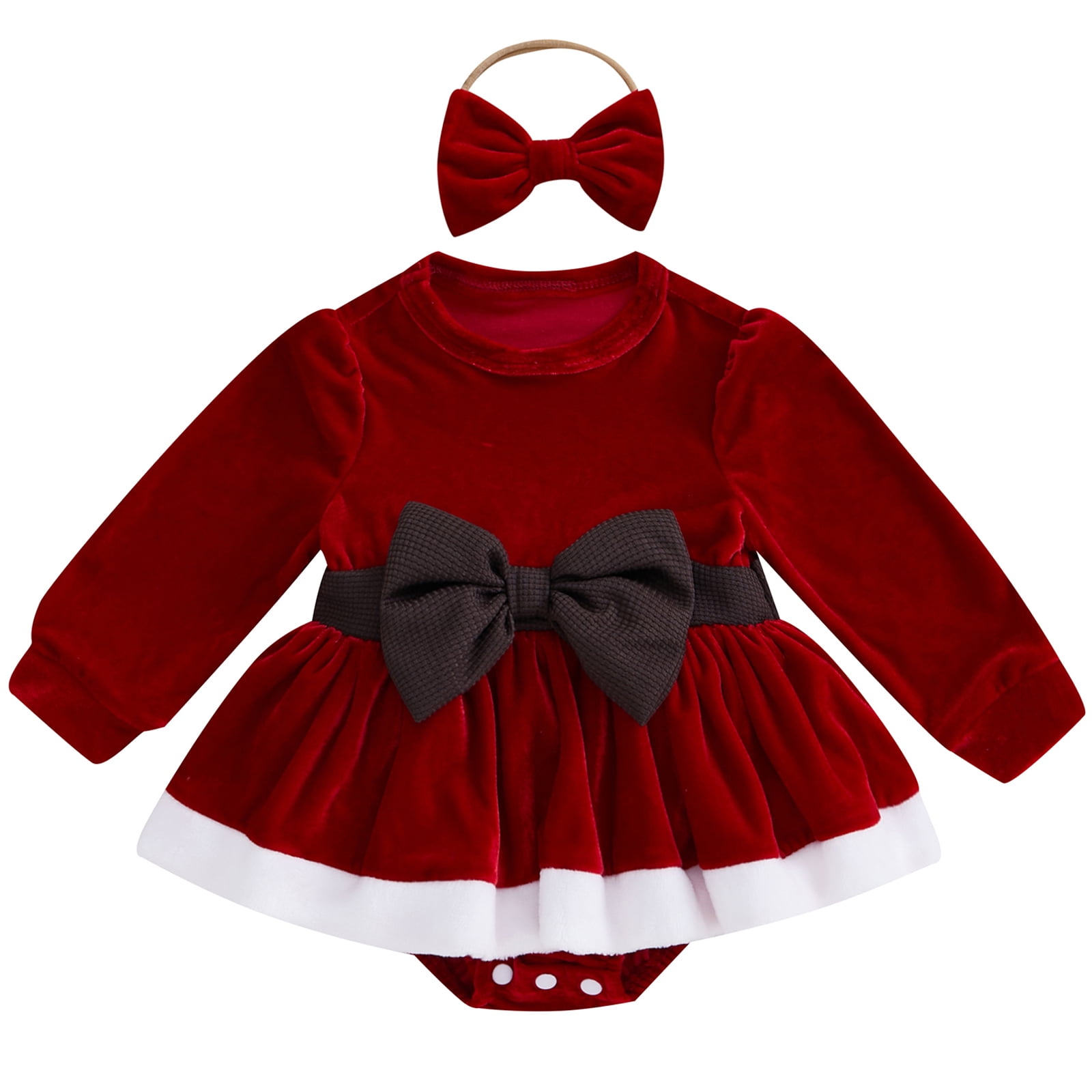 Newborn Infant Baby Girls Velvet Romper Dress Terry Trim 3D Bow Long