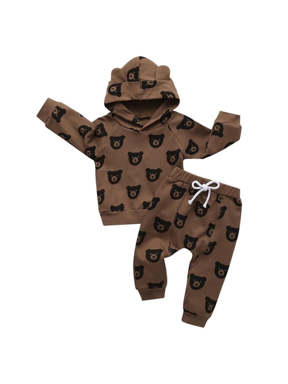 Newborn Infant Baby boy Clothes Long Sleeve Bear Style Hooded Tops Long Pants Outfits Set Brown 3-6 Months