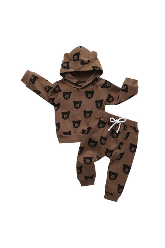 Newborn Infant Baby boy Clothes Long Sleeve Bear Style Hooded Tops Long Pants Outfits Set Brown 9-12 Months