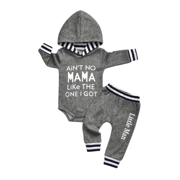 Newborn Infant Baby boy Clothes Long Sleeve Letter Romper Hooded Pants Outfits Set Gray 0-3 Months