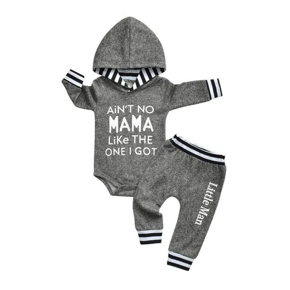 Newborn Infant Baby boy Clothes Long Sleeve Letter Romper Hooded Pants Outfits Set Gray 0-3 Months